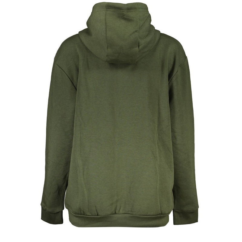 Back view of a plain olive green polyester hoodie with long sleeves and ribbed hem