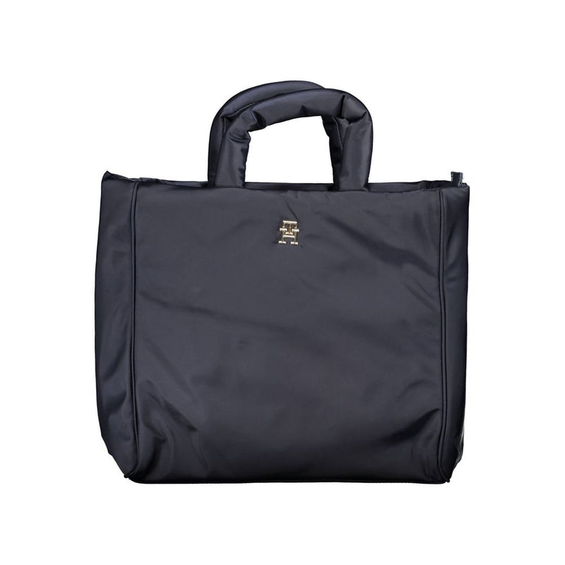 Tommy Hilfiger blue polyester tote handbag with top handles and a gold logo