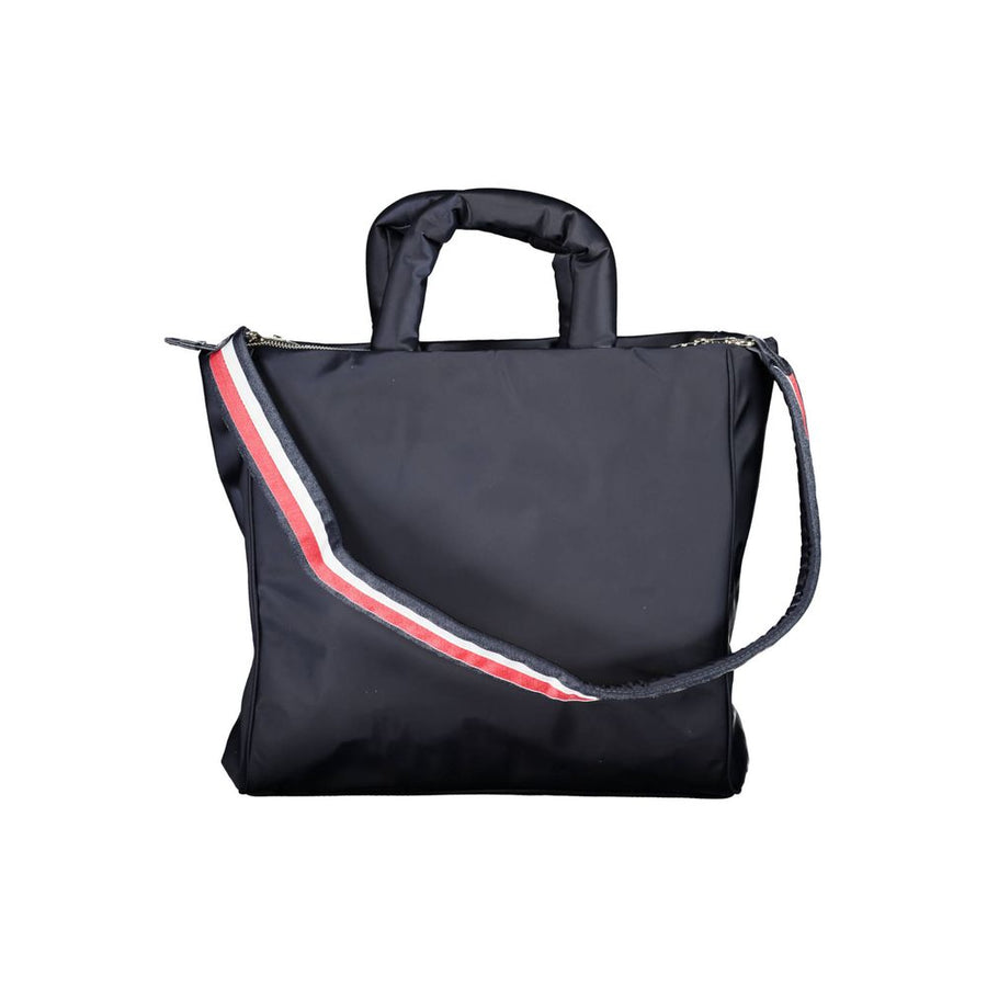 Tommy Hilfiger blue polyester tote handbag with top handles and a gold logo