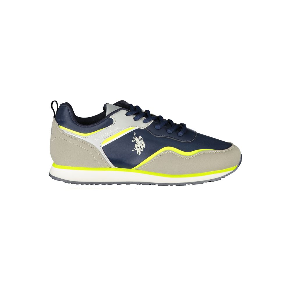 U.S. POLO ASSN. blue and grey polyester women's sneaker with neon yellow accents and a white logo on a white sole.