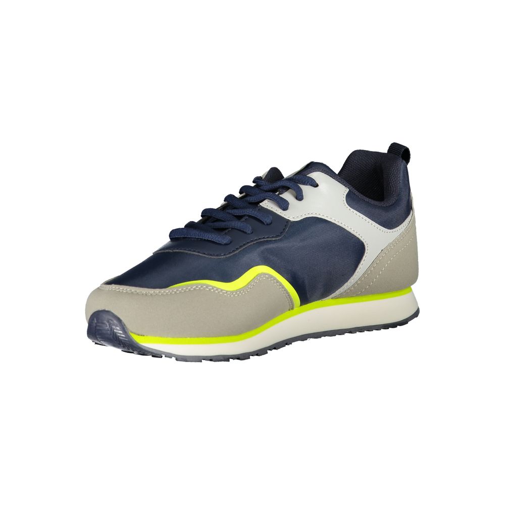U.S. POLO ASSN. blue and grey polyester women's sneaker with neon yellow accents and a white rubber sole.