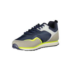 U.S. POLO ASSN. blue and grey polyester women's sneaker with neon yellow accents and a white rubber sole.