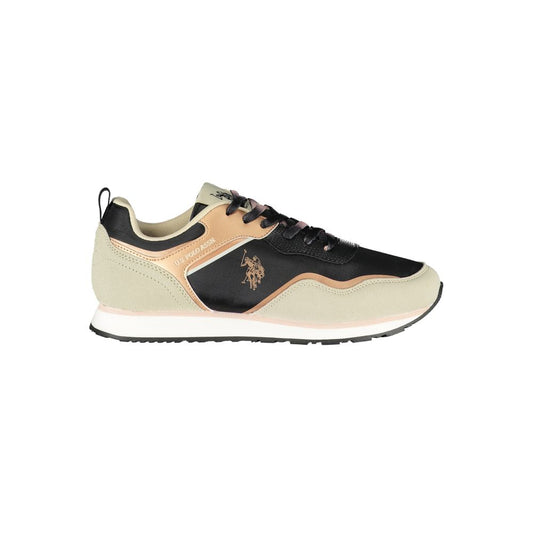 U.S. Polo Assn. women’s polyurethane sneakers in black, beige, and rose gold with logo detail and a white sole.