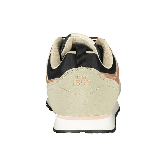Rear view of U.S. Polo Assn. women's sneaker in black, beige, and rose gold with "SINCE 1890" embroidery.