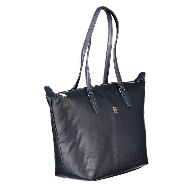 Tommy Hilfiger navy blue polyester tote handbag with dual shoulder straps and a gold logo