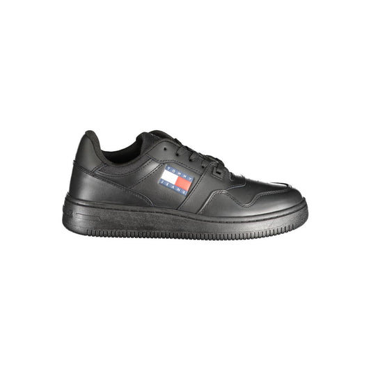 Tommy Hilfiger black leather low-top sneaker for women with a branded side logo patch and a matching black sole.