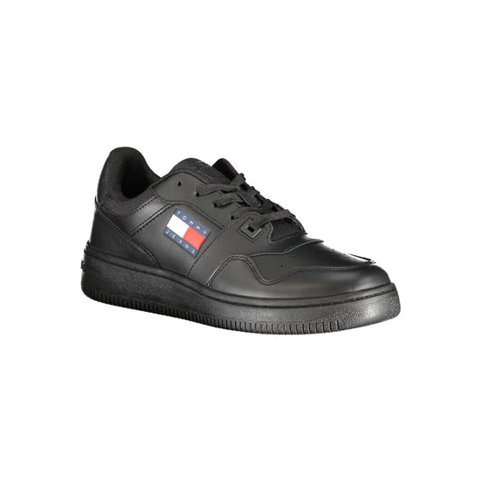 Tommy Hilfiger women's black leather casual sneaker with a lace-up style and side brand logo patch.