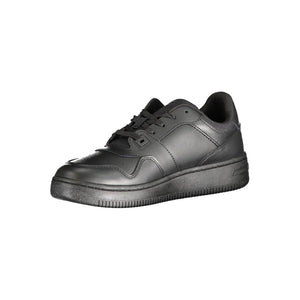 Tommy Hilfiger women's casual black leather sneaker with a classic low-top lace-up design and matching rubber sole.