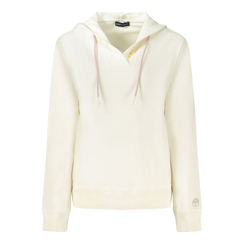 White cotton women's hooded sweatshirt with a crossover neckline and pink drawstrings