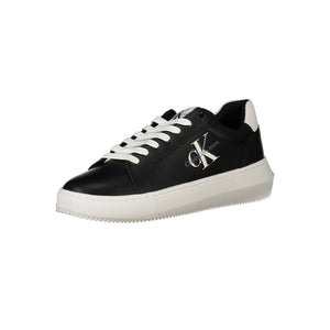 Calvin Klein women's black leather low-top sneaker with white laces, white platform sole, and logo branding.