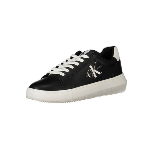 Calvin Klein women's black leather low-top sneaker with white laces, white platform sole, and logo branding.