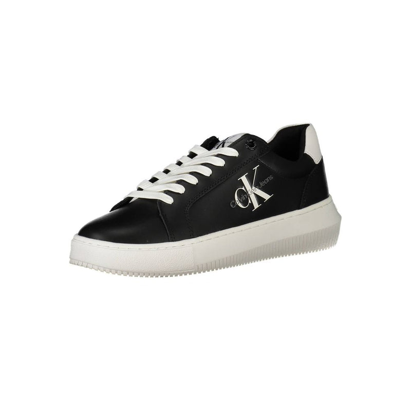 Calvin Klein women's black leather low-top sneaker with white laces, white platform sole, and logo branding.