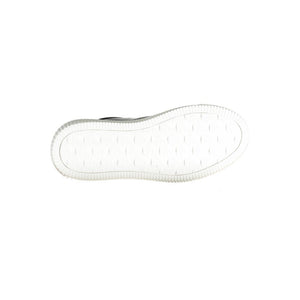 Bottom view of a Calvin Klein black leather women's sneaker with a white textured rubber outsole.