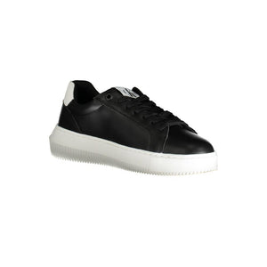 Calvin Klein women's black leather sneaker with white sole and heel tab, featuring a minimalist lace-up style.