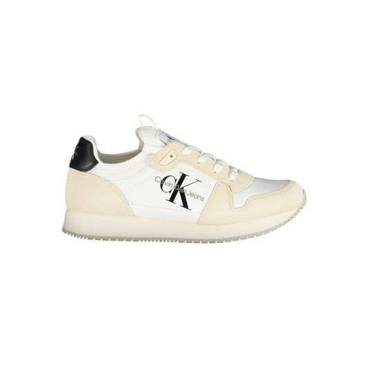 Calvin Klein white and beige polyurethane and suede women's lace-up sneaker with black logo detailing.