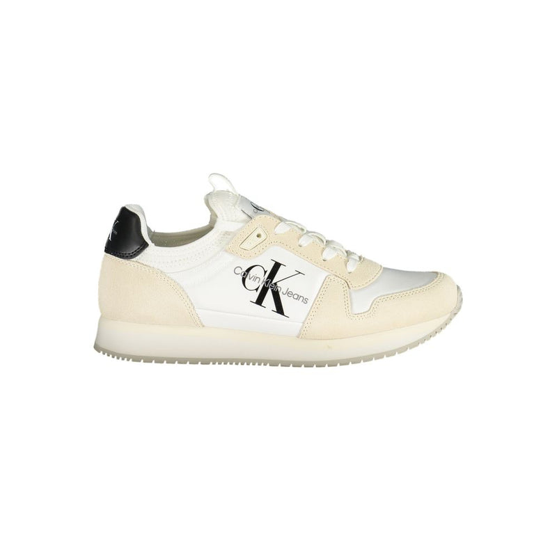 Calvin Klein white and beige polyurethane and suede women's lace-up sneaker with black logo detailing.