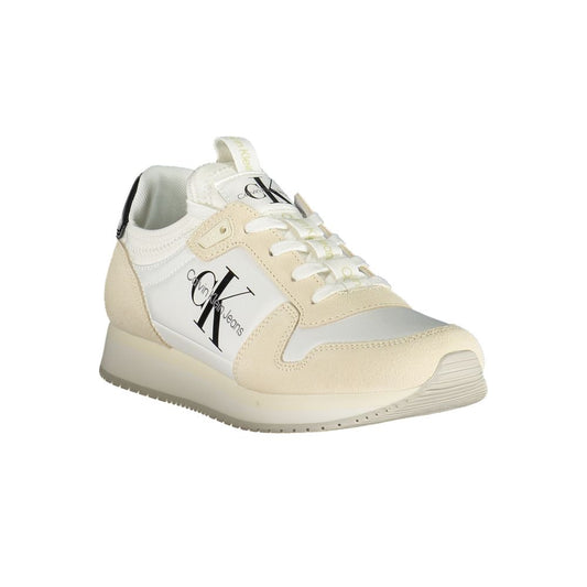 Calvin Klein women’s white and beige polyurethane sneakers with logo branding and lace-up sporty style.