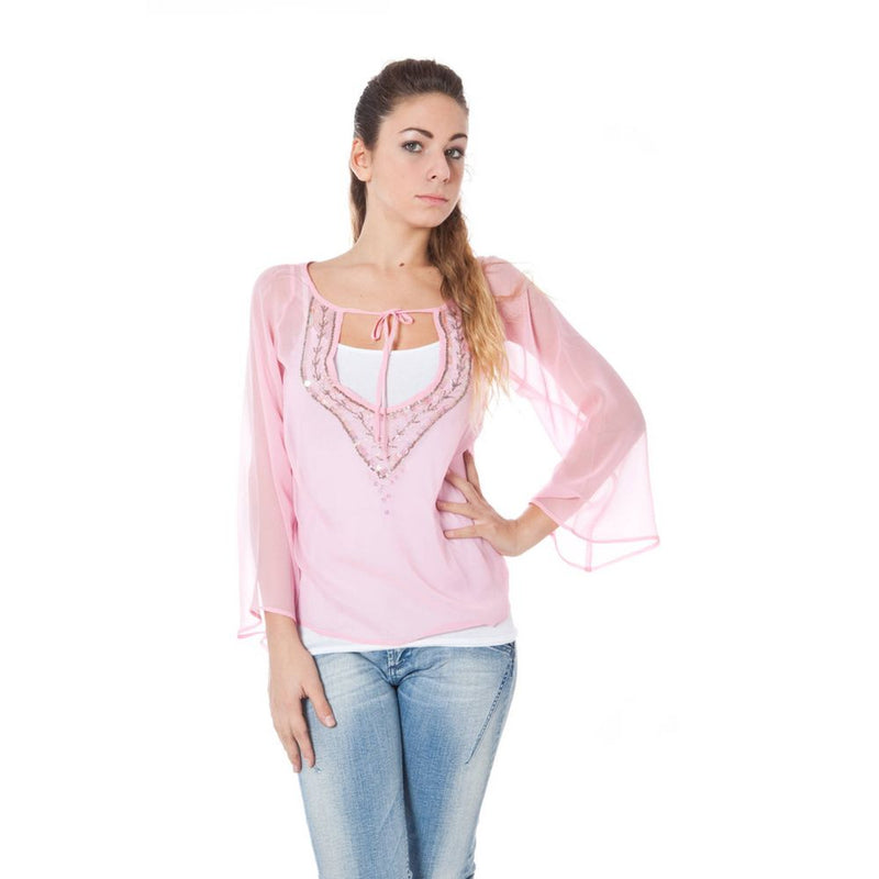 Sheer pink silk women's t-shirt with bell sleeves and beaded v-neckline