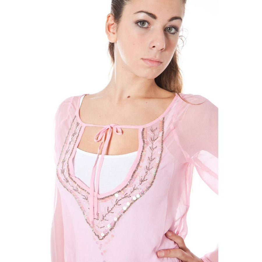 Sheer pink silk women's t-shirt with bell sleeves and beaded v-neckline