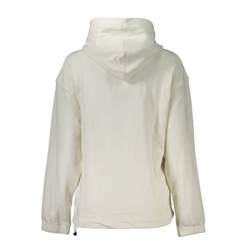 Back view of a white cotton women's hooded sweatshirt with long sleeves