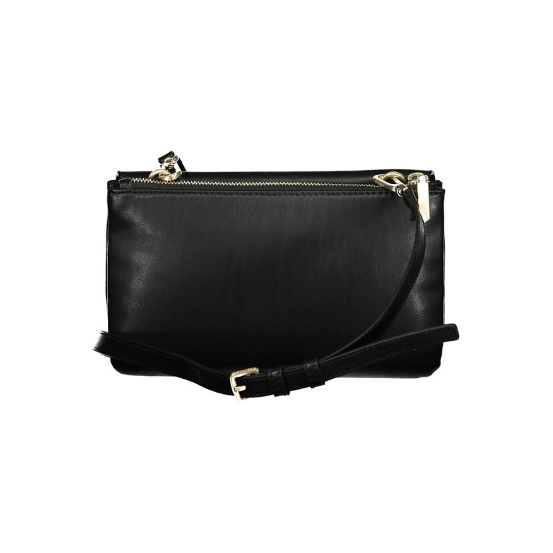 Black polyester shoulder bag with a strap and gold zipper