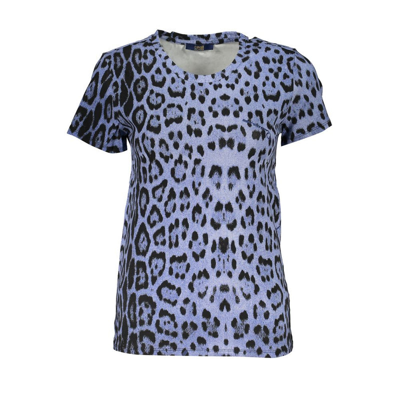 Blue and black leopard print short-sleeve cotton t-shirt