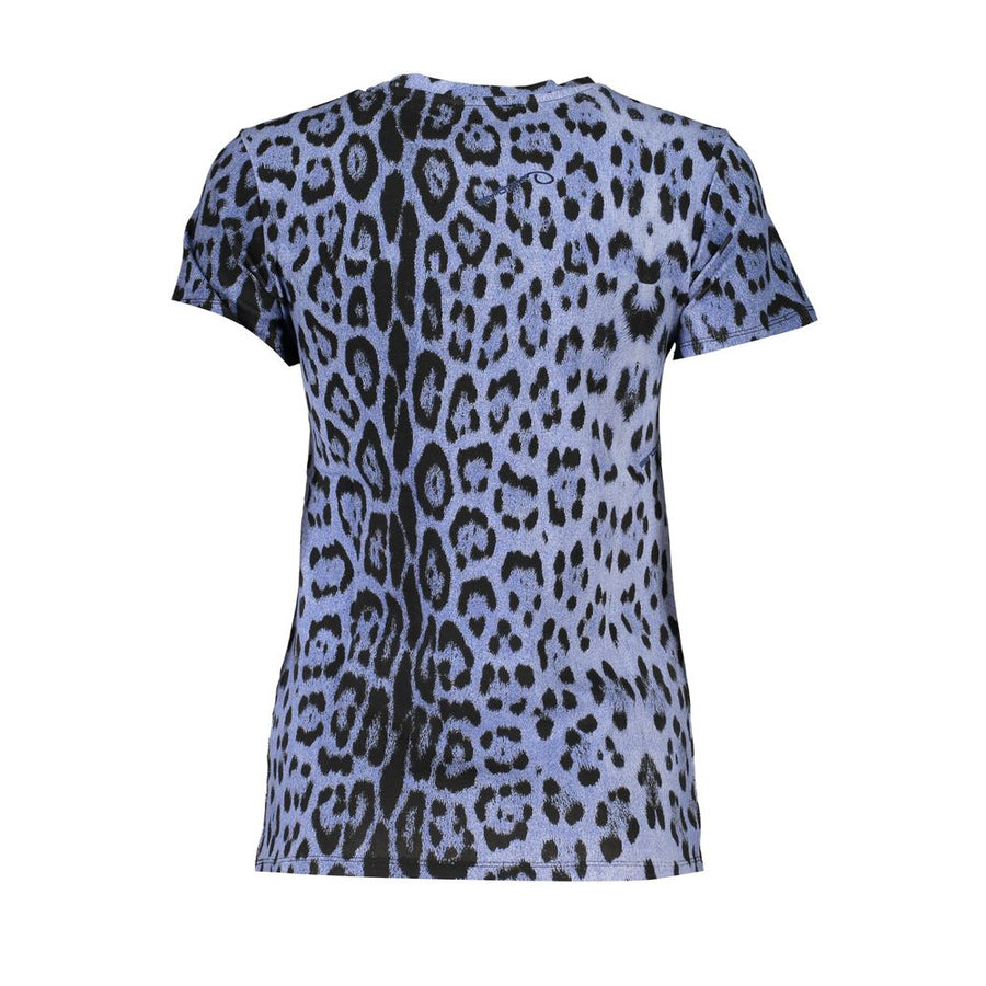 Blue and black leopard print short-sleeve cotton t-shirt