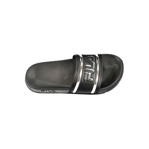 Women's black polyurethane Fila slide sandal with metallic silver logo strap detail, shown from a top-down view.
