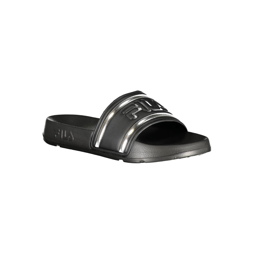 Black polyurethane Fila slide sandal for women featuring a metallic silver striped strap and embossed logo.