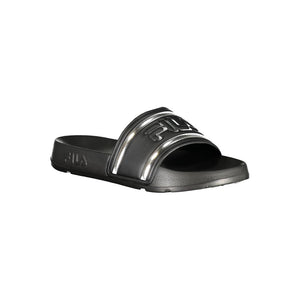 Black polyurethane Fila slide sandal for women featuring a metallic silver striped strap and embossed logo.