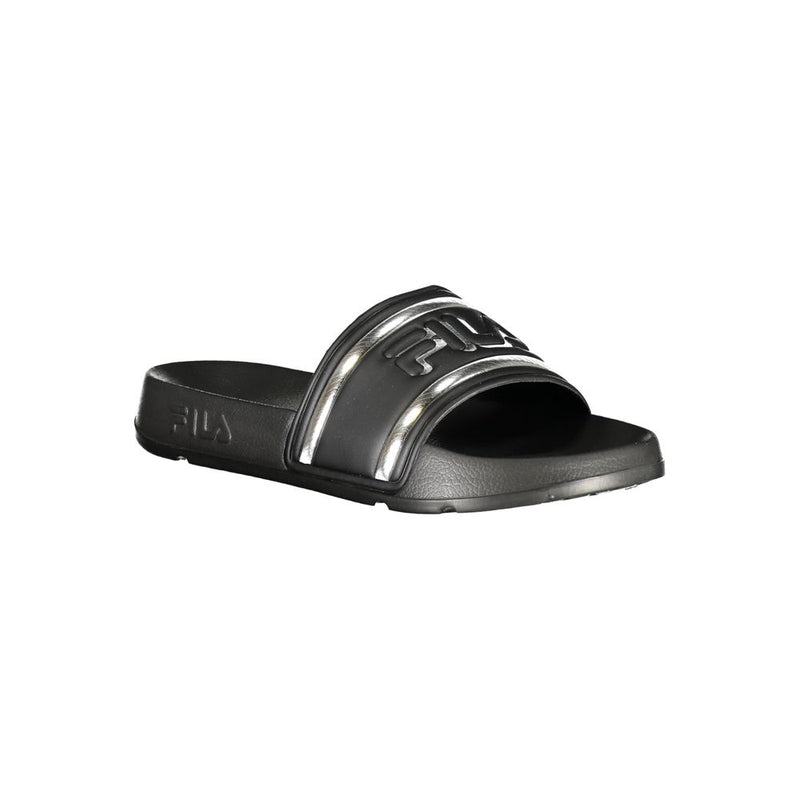 Black polyurethane Fila slide sandal for women featuring a metallic silver striped strap and embossed logo.