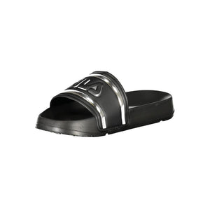 Black polyurethane Fila slide sandal for women featuring a metallic silver logo detail.