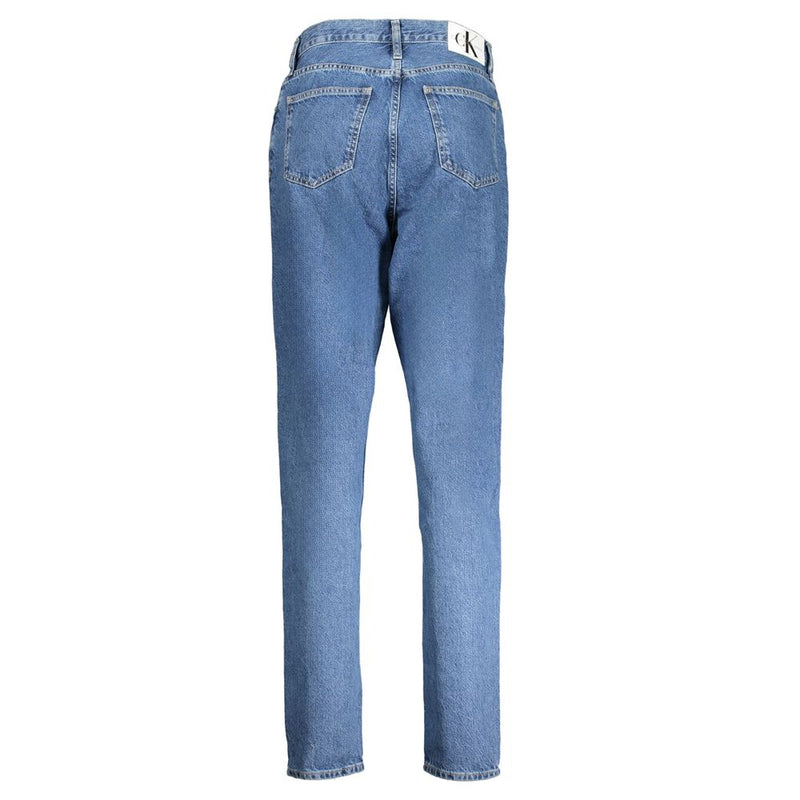 Blue cotton women's jeans with straight legs viewed from the back