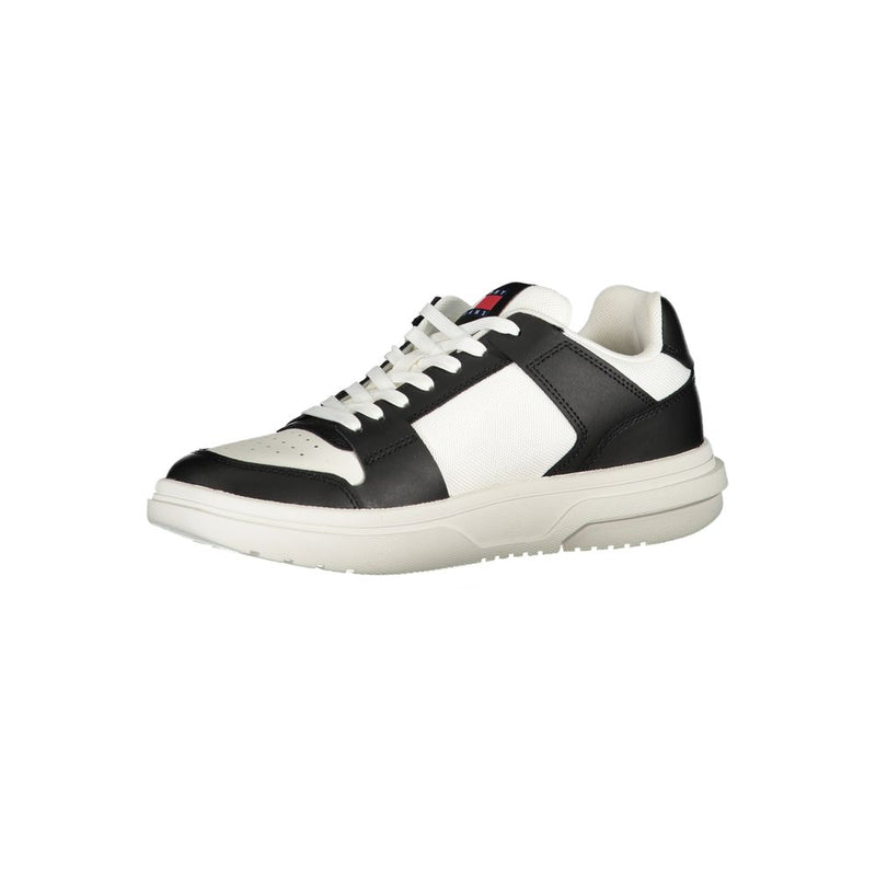 Tommy Hilfiger black and white leather sneaker with lace-up closure and signature logo on the tongue.