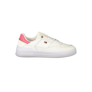 Tommy Hilfiger white polyurethane sneaker for women with a pink heel accent, lace-up style, and gold logo detailing.