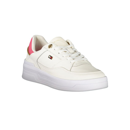 White Tommy Hilfiger polyurethane sneaker with pink heel tab, platform sole, and lace-up closure.