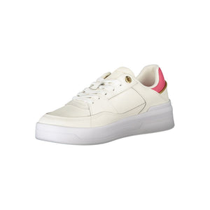White polyurethane Tommy Hilfiger women's sneaker with pink heel detail and chunky white platform sole.
