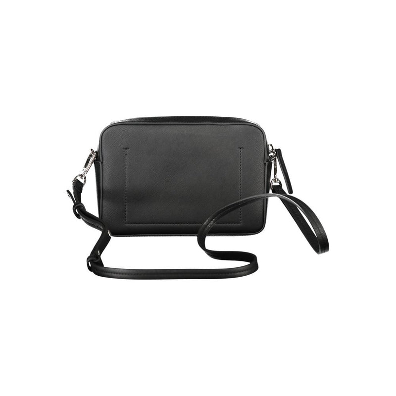 Black polyurethane women's shoulder bag with a thin strap and a rectangular shape