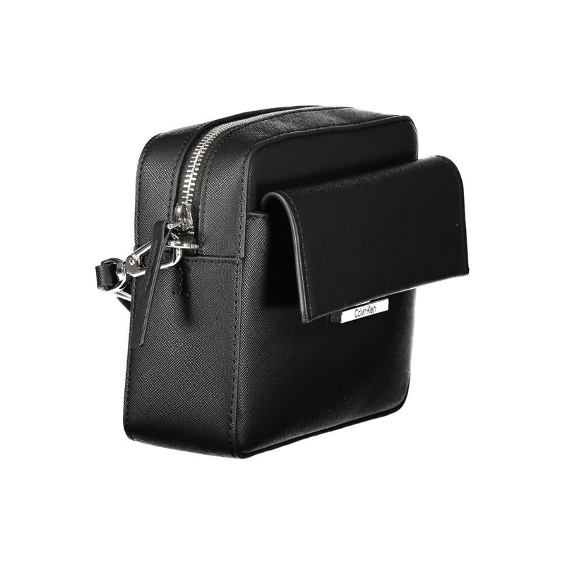 Black polyurethane structured shoulder bag with silver hardware and front flap pocket