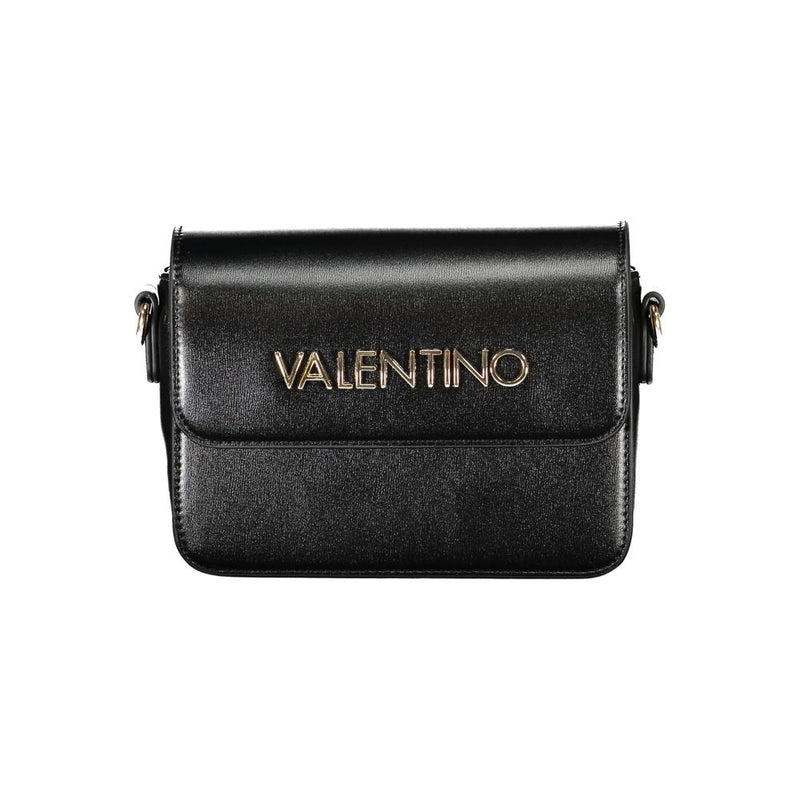 Black polyurethane structured shoulder bag with gold logo lettering