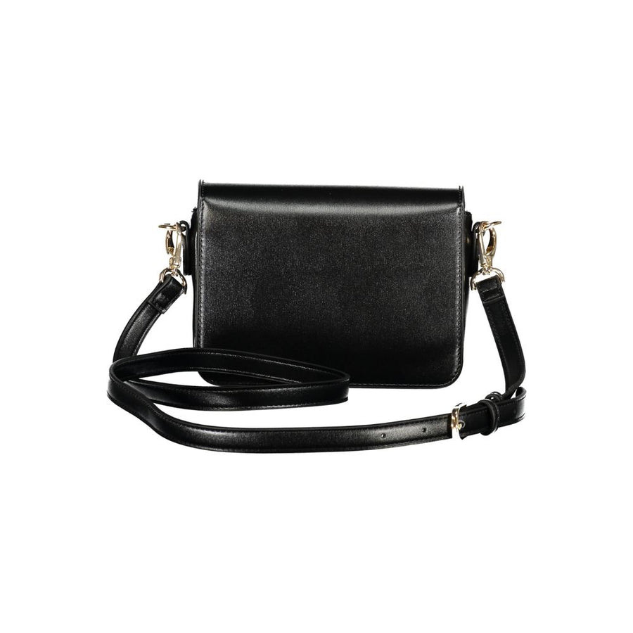 Black polyurethane structured shoulder bag with gold logo lettering