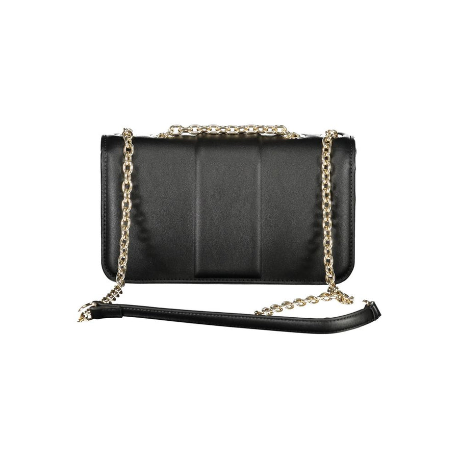 Black polyurethane shoulder bag with gold chain strap and Valentino logo