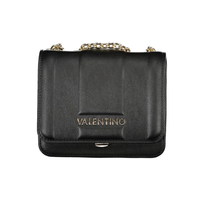 Black polyurethane women's shoulder bag with gold chain strap and Valentino logo