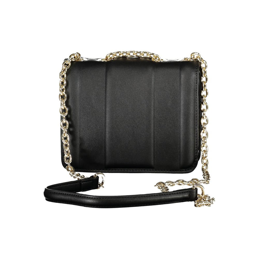 Black polyurethane women's shoulder bag with gold chain strap and Valentino logo