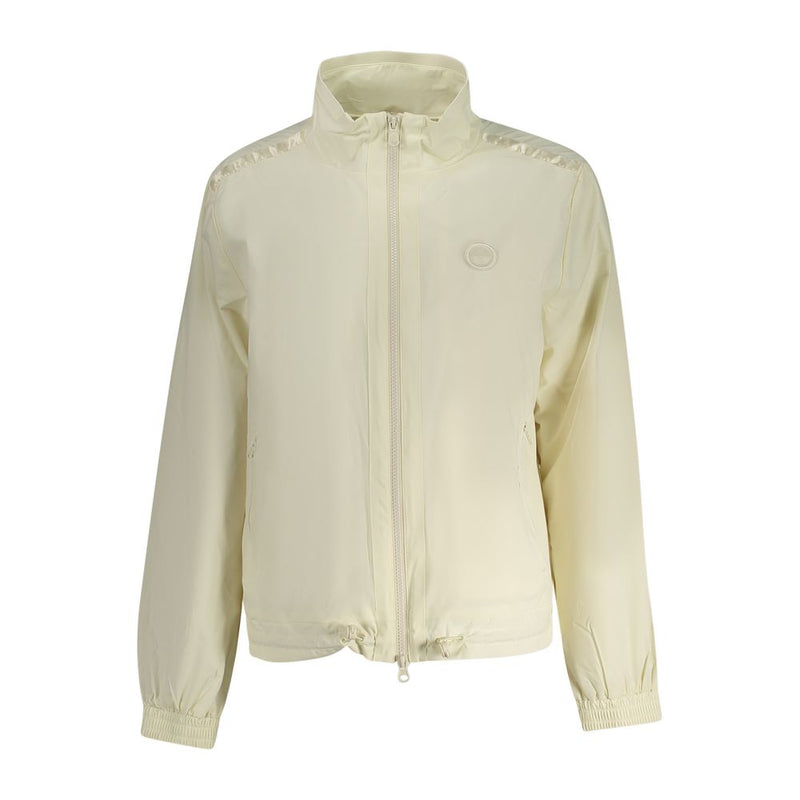 White nylon zip-up women's jacket with high collar and ribbed cuffs