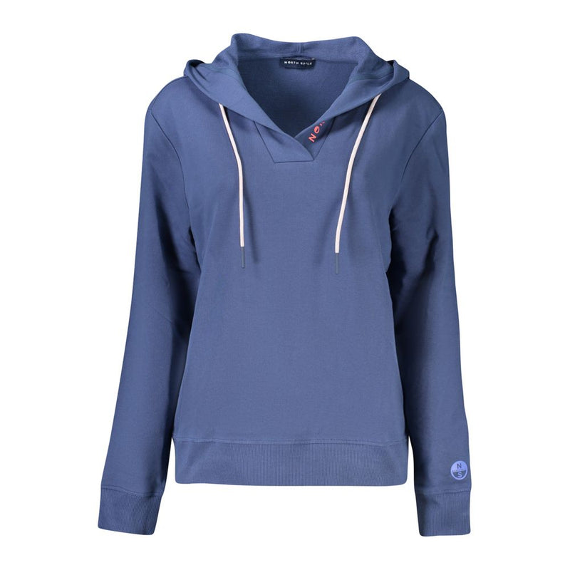 Blue cotton women sweatshirt with a V-neck hood and pink drawstrings