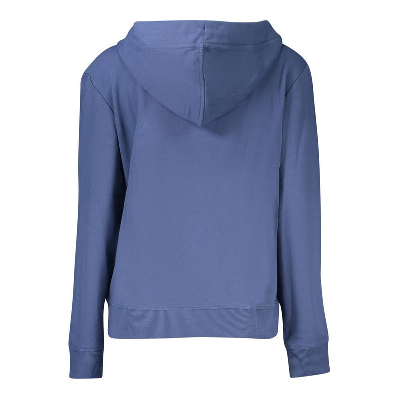 Blue cotton women's hooded sweatshirt seen from the back
