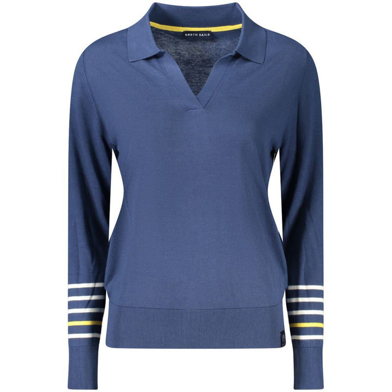 Blue knit viscose polo sweater with a V-neck and striped cuffs