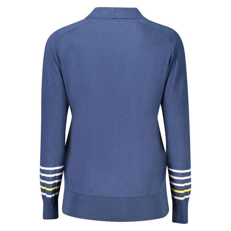 Back view of a blue knit viscose women's sweater with striped sleeve cuffs