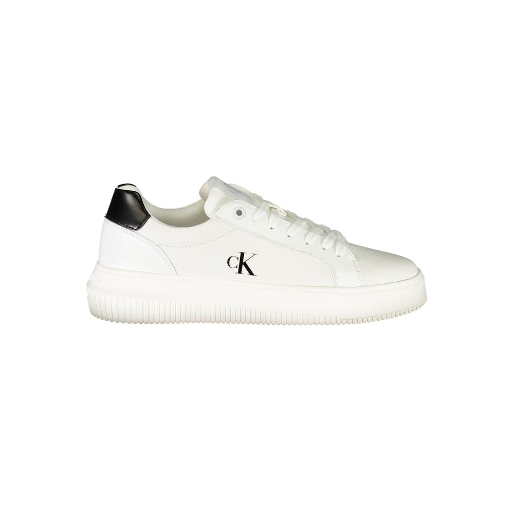 White polyurethane women's sneaker with lace-up closure, black heel detail, and Calvin Klein logo on the side.
